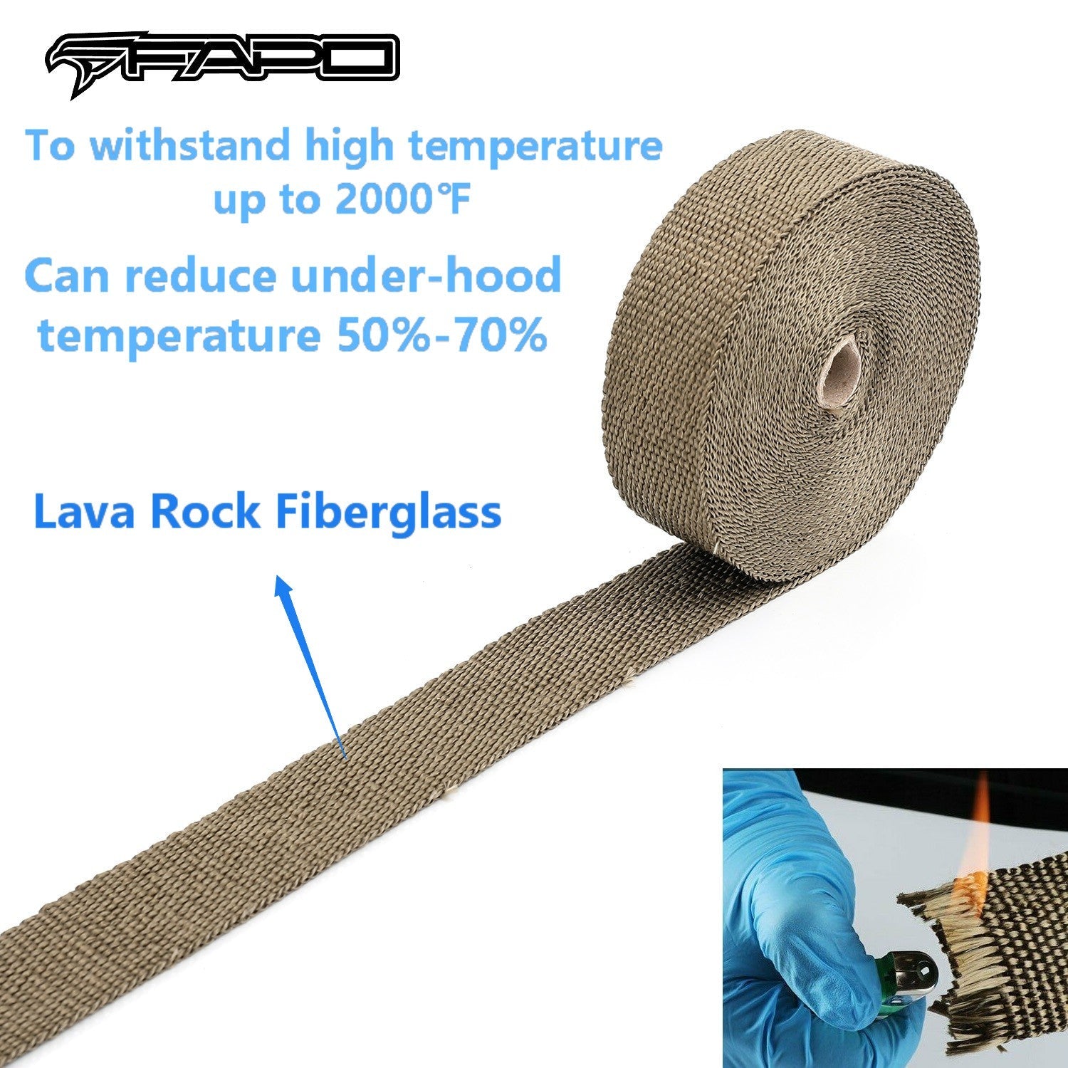 FAPO 2 x 50ft Roll Titanium Header Pipe Lava Manifold Exhaust Heat Wrap 10 Ties